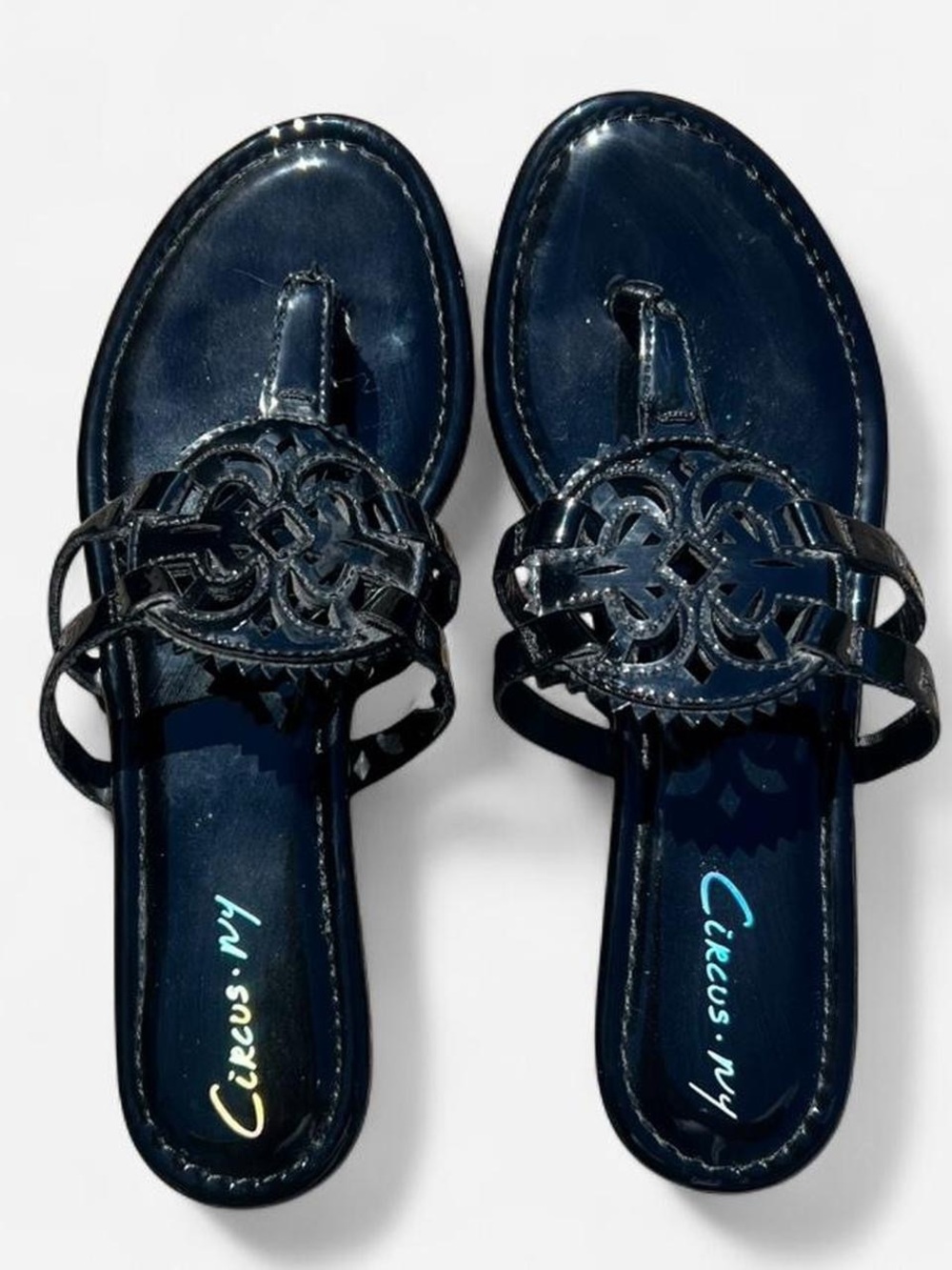 Circus by Sam Edelman Navy Patent Leather Decorative Cutout Slide Sandals